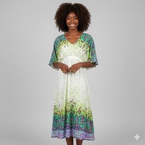 The Paragon Floral Print Dress Womens Large White Green Kimono Sleeve Boho Midi